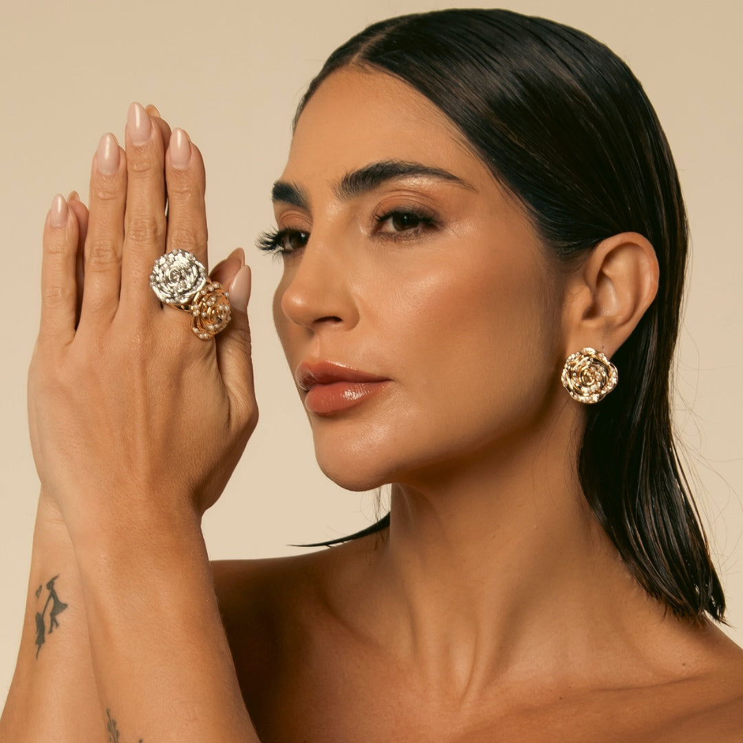 Anel Rosa Perolada - Dourado