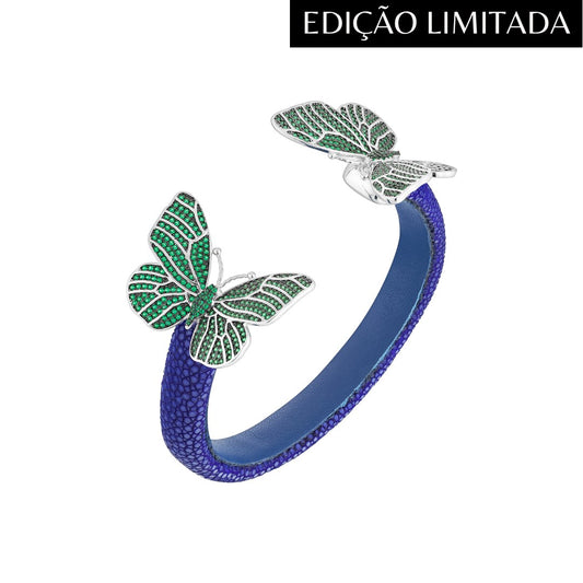 Bracelete Galuchat Borboleta Vivaz Azul e Esmeralda