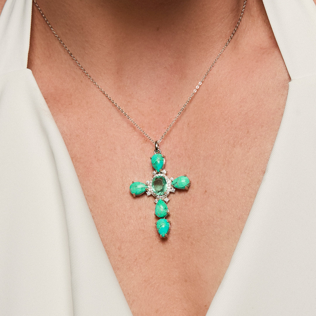 Colar Crucifixo Turquesa Glam