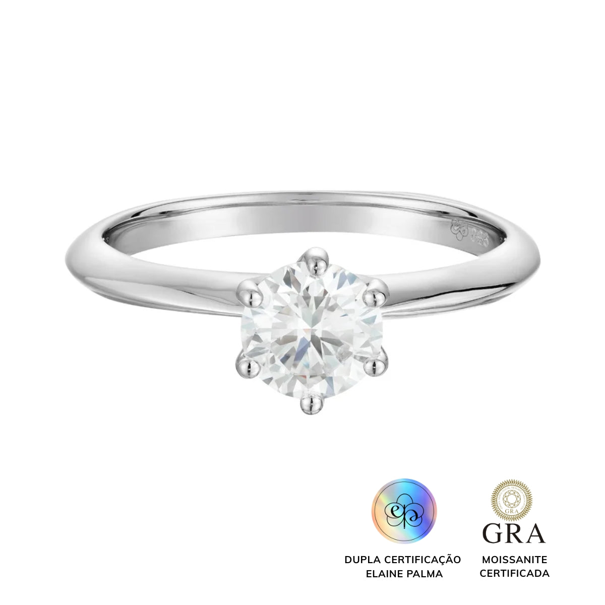 Anel Solitário Glam Moissanite 6 garras 1.0 ct